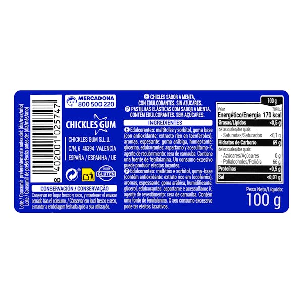 Chicles gragea menta fuerte sin azúcar Hacendado