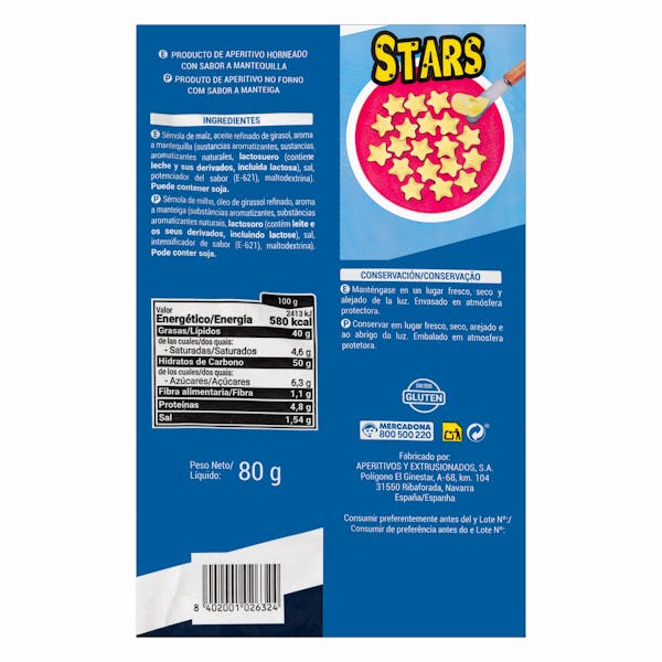 Snack de maíz Stars sabor mantequilla Hacendado