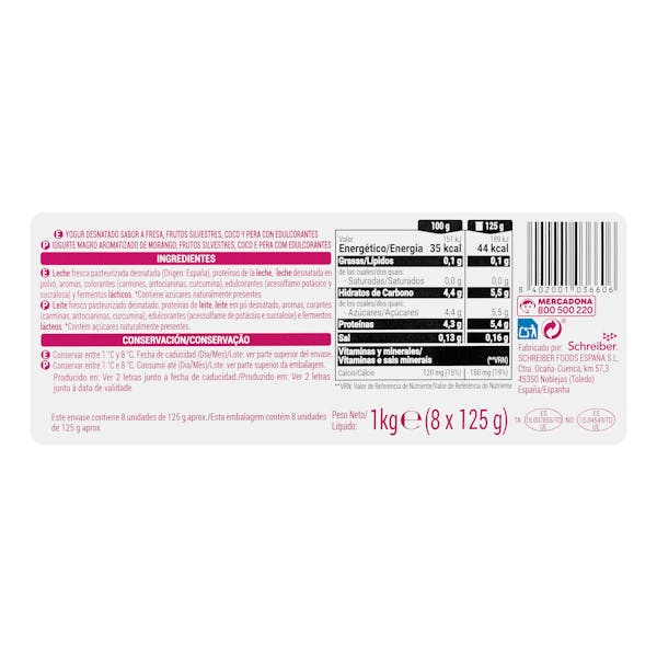 Yogur sabores Hacendado 0% MG 0% azúcares añadidos