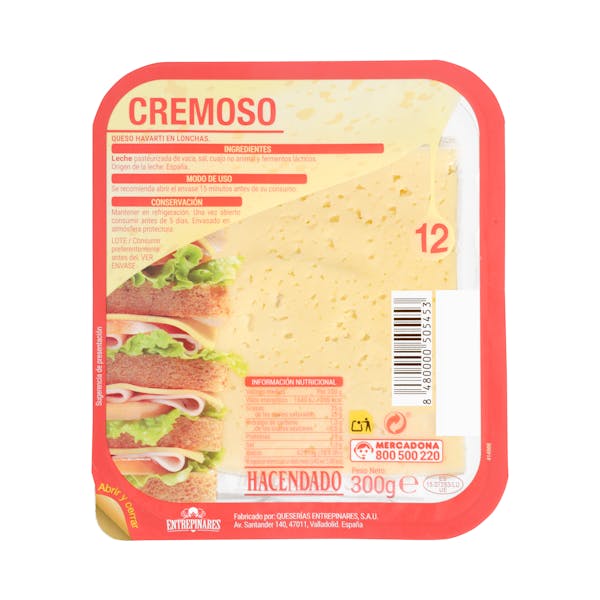 Queso lonchas cremoso havarti de vaca Hacendado