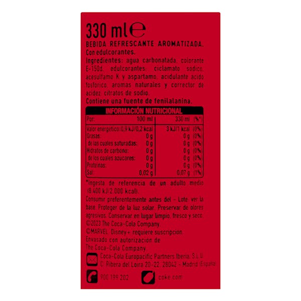 Refresco Coca-Cola zero azúcar zero cafeína