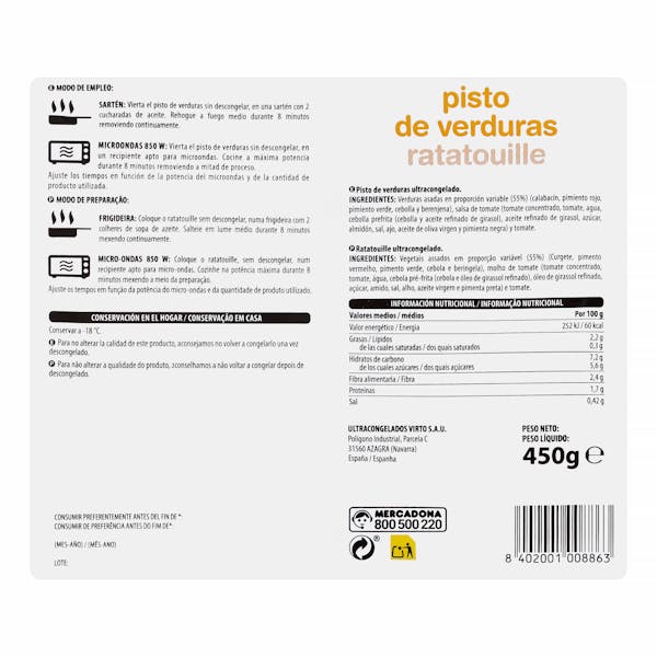 Pisto de verduras Hacendado ultracongelado