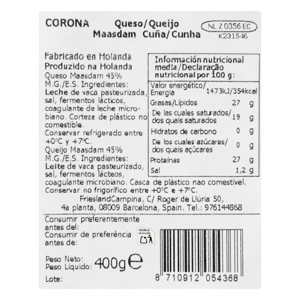 Queso tierno maasdam de vaca Holland Corona