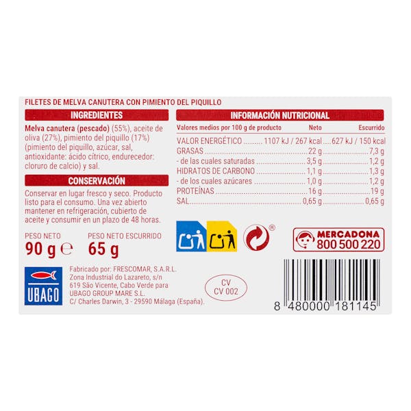 Filetes de melva canutera con pimientos del piquillo Hacendado en aceite de oliva