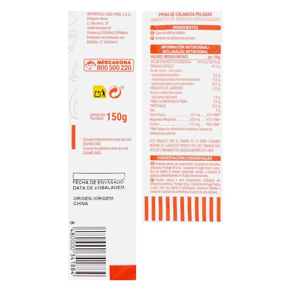 Pipas de calabaza natural Hacendado peladas