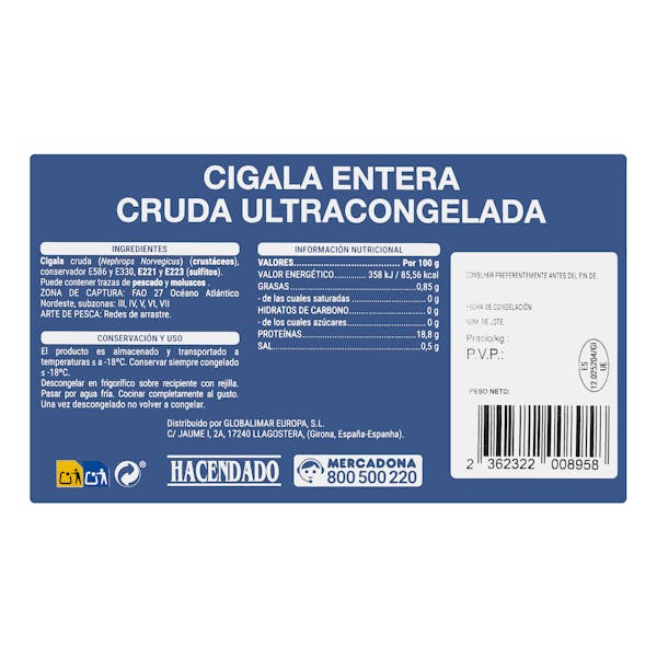 Cigala cruda mediana Hacendado ultracongelada