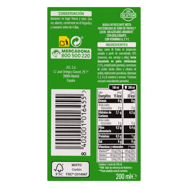 Fruta + leche caribe Hacendado sin azúcares añadidos