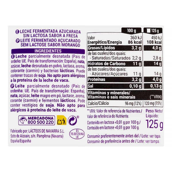Postre lácteo sabor fresa sin lactosa Hacendado