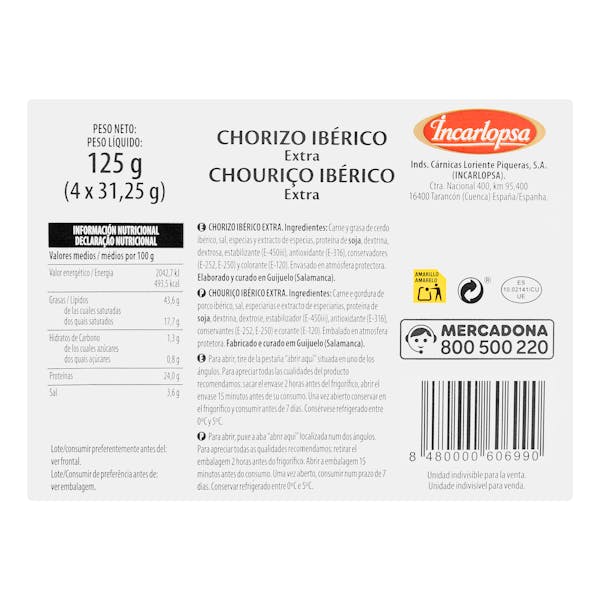 Chorizo ibérico extra La Hacienda del ibérico lonchas