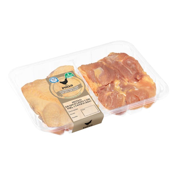 Muslos deshuesados con piel de pollo certificado alimentado con un 50% de maíz