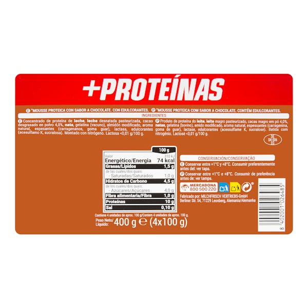 Mousse sabor chocolate +Proteínas Hacendado 10 g proteínas