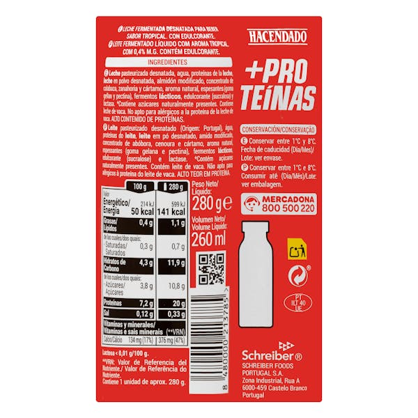 Bebida láctea sabor tropical +Proteínas Hacendado 0% MG 20 g proteínas
