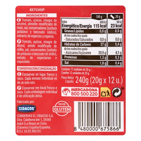 Ketchup en sobres individuales Hacendado
