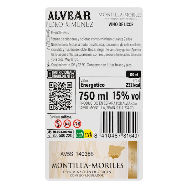 Vino dulce Pedro Ximénez Alvear DO Montilla-Moriles