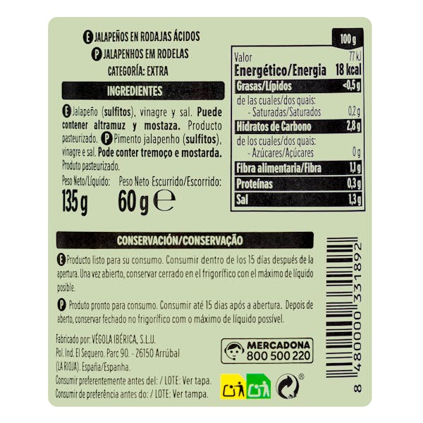 Jalapeños picantes en vinagre Hacendado