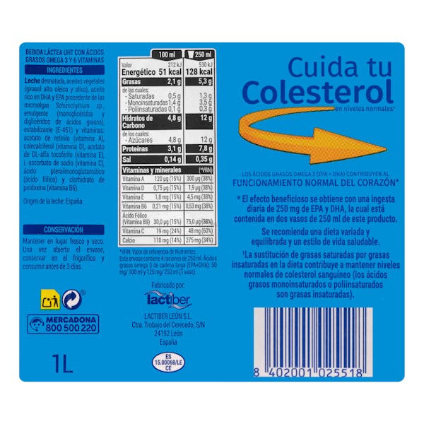 Bebida láctea desnatada omega 3 Hacendado