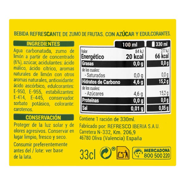 Refresco de limón Hacendado fresh gas