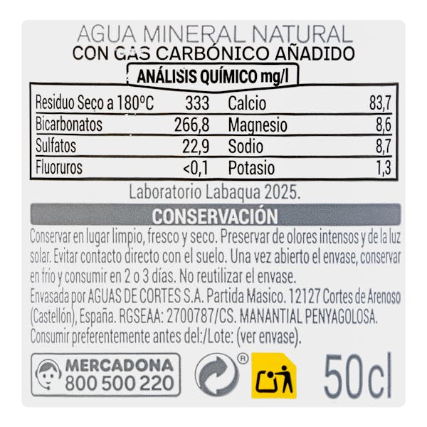 Agua mineral con gas pequeña Cortes