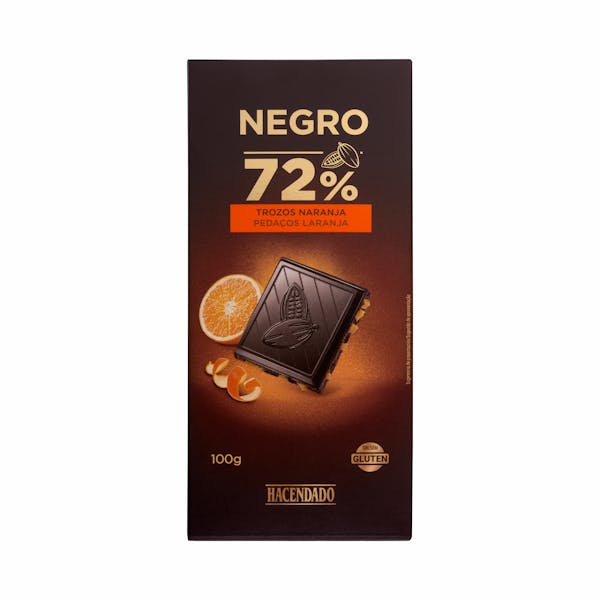 Imagen de Chocolate negro 72% cacao Hacendado con trozos de naranja