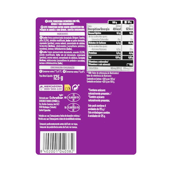Bífidus con piña probióticos Hacendado 0% MG 0% azúcares añadidos