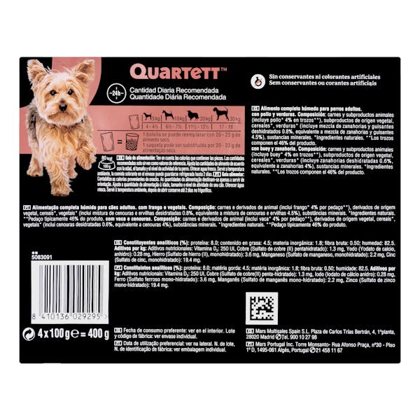 Trozos en salsa para perros adultos Quartett con pollo y verduras
