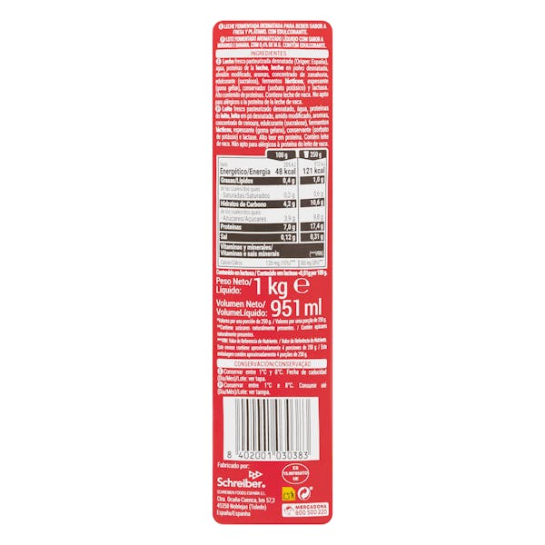 Bebida láctea sabor fresa y plátano +Proteínas Hacendado 0% MG 0% azúcares añadidos 17,4 g proteínas