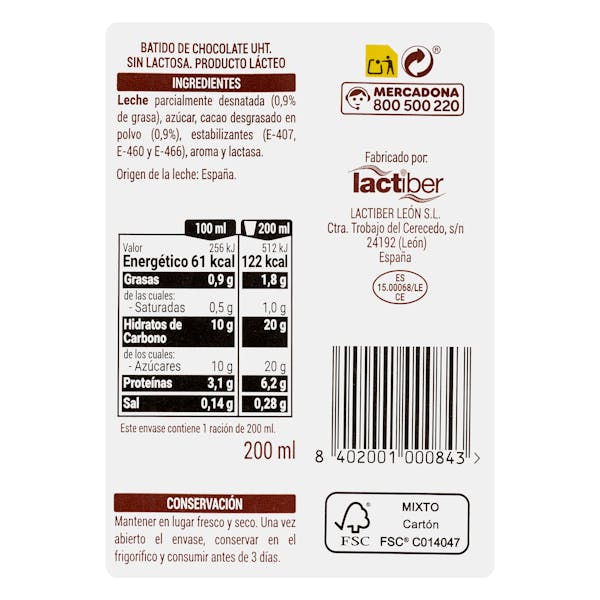 Batido de chocolate 90% leche Hacendado