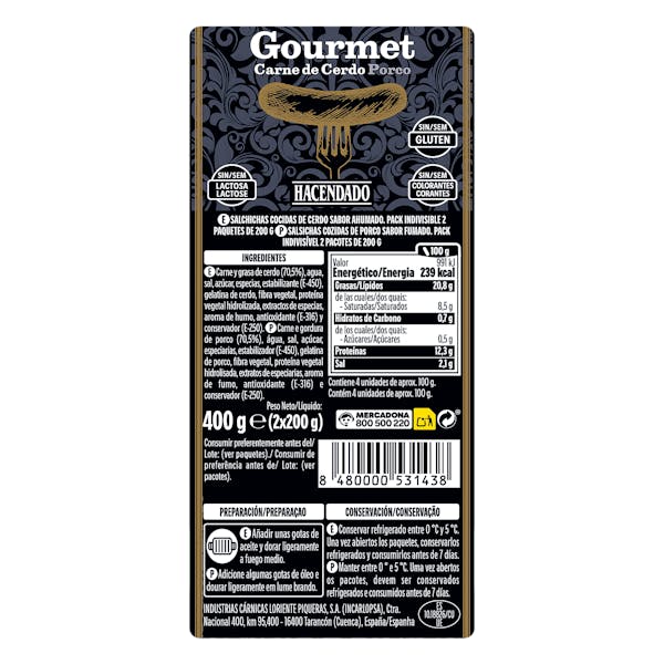 Salchichas cocidas bocata gourmet Hacendado de cerdo sabor ahumado
