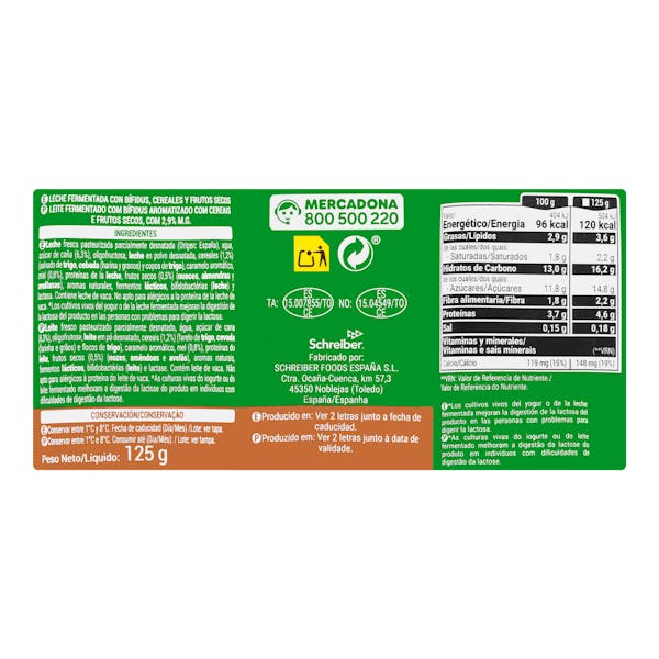 Bífidus con cereales y fibras probióticos Hacendado
