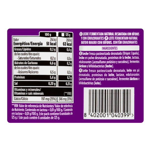 Bífidus cremoso natural edulcorado probióticos Hacendado 0% MG 0% azúcares añadidos