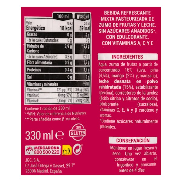 Fruta + leche tropical Hacendado sin azúcares añadidos