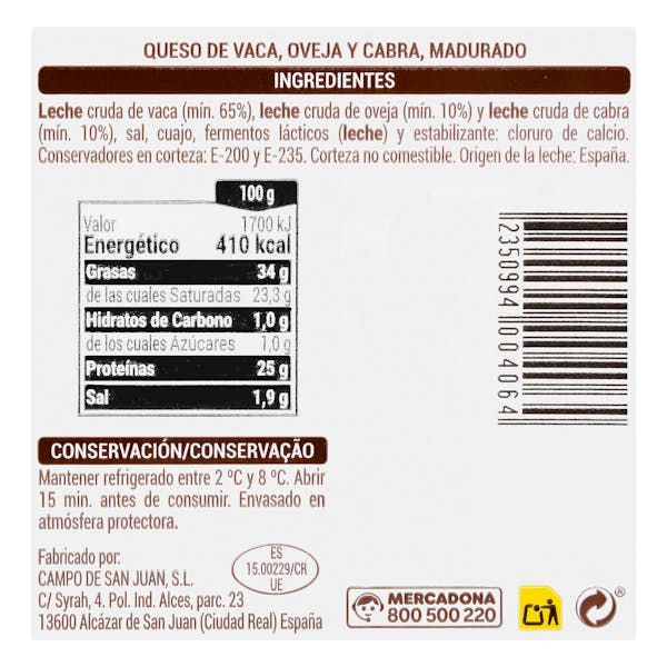 Queso curado mezcla madurado en madera Hacendado