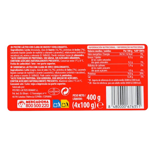 Flan de huevo +Proteínas Hacendado 0% MG 0% azúcares añadidos 10 g proteínas