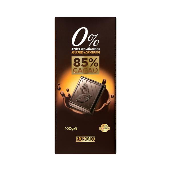 Chocolate negro 85% cacao extrafino y edulcorante Hacendado 0% azúcares añadidos