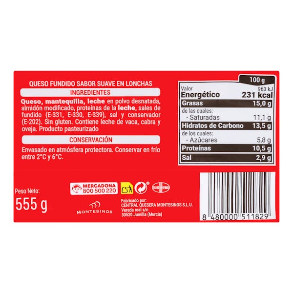 Queso lonchas fundido suave mezcla Hacendado