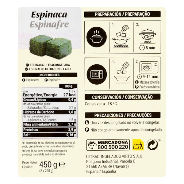 Espinaca en porciones Hacendado ultracongelada