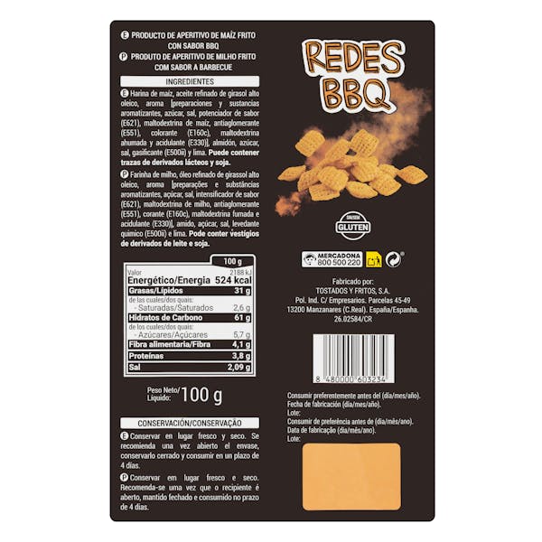 Snack de maíz Redes sabor barbacoa Hacendado
