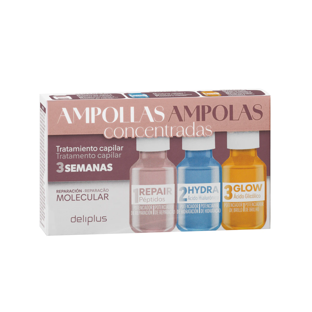 Ampollas capilares concentradas Deliplus tratamiento de reparación molecular – Mercadona – صورة إعلانية للمنتج