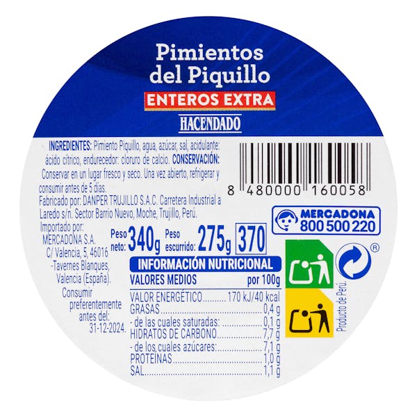 Pimientos del piquillo enteros Hacendado extra