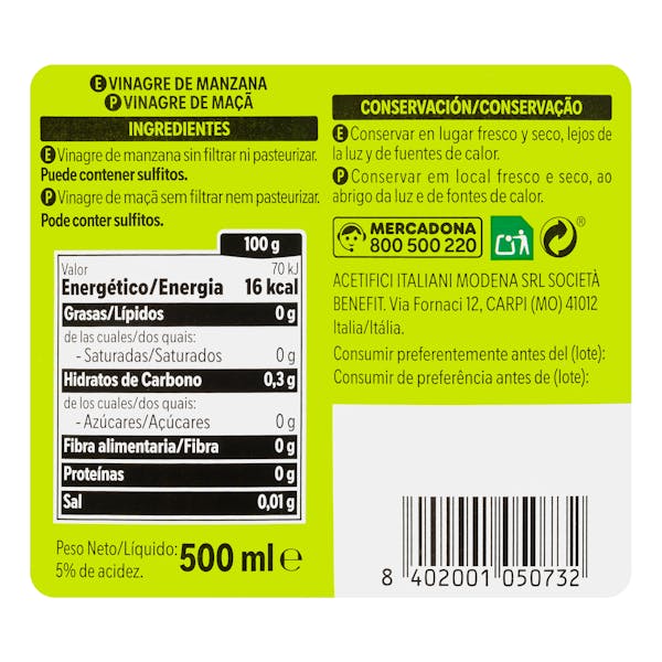 Vinagre de manzana Hacendado sin filtrar