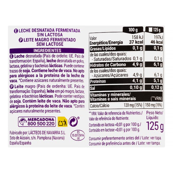 Postre lácteo natural sin lactosa Hacendado 0% MG 0% azúcares añadidos