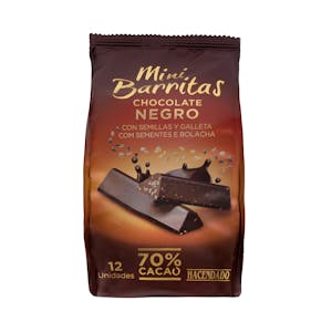 Mini barritas chocolate negro 70% cacao Hacendado con semillas y galleta