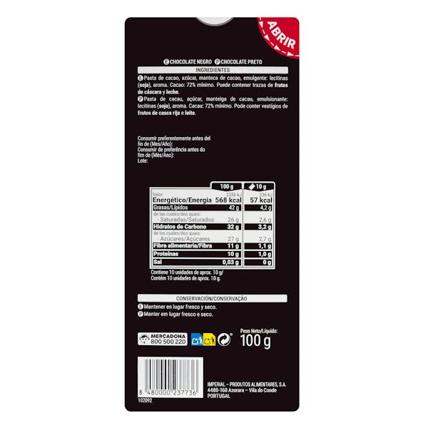 Chocolate negro 72% de cacao Hacendado