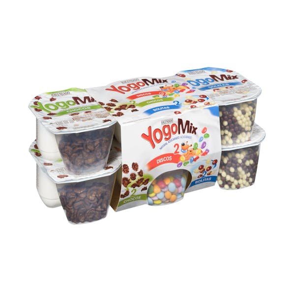 Yogur azucarado YogoMix Hacendado variado de copos maíz, bolitas y disquitos chocolateados