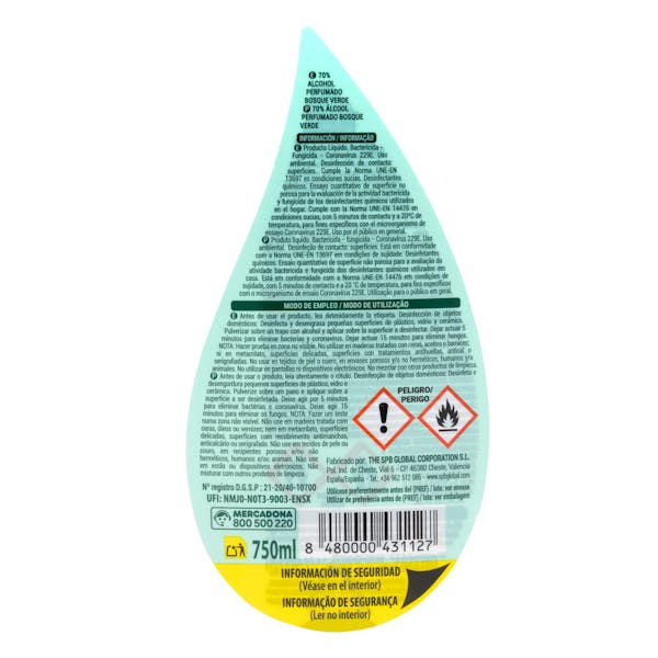 70% Alcohol limpieza hogar Bosque Verde