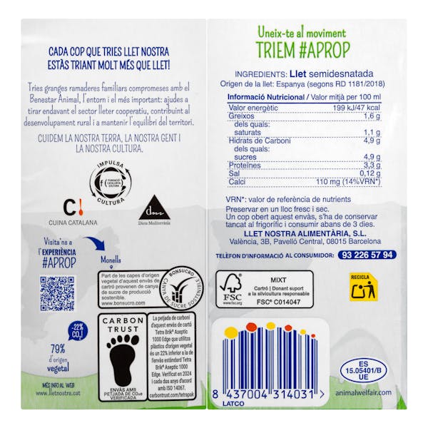 Leche semidesnatada Llet Nostra