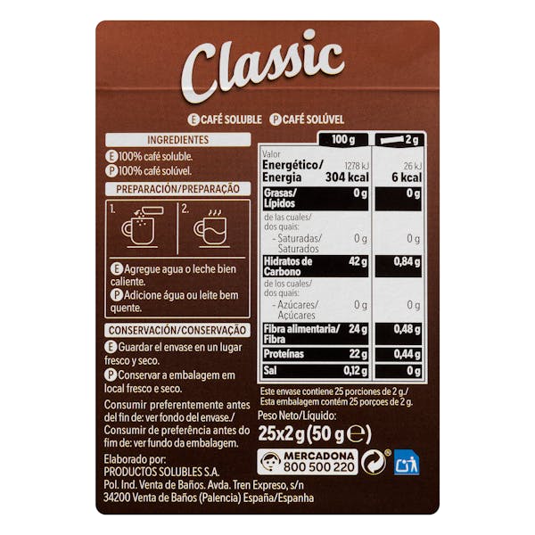 Café soluble classic en sobres Hacendado