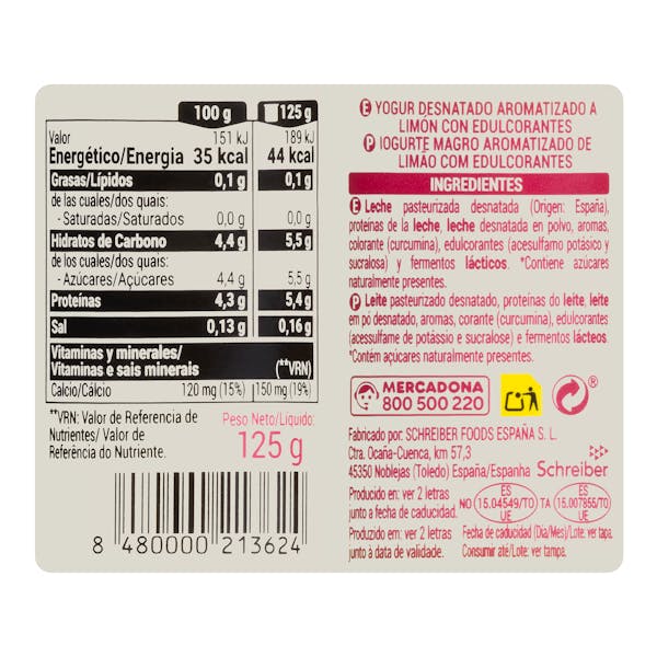 Yogur sabor limón Hacendado 0% MG 0% azúcares añadidos