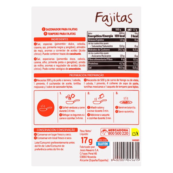 Sazonador para fajitas Hacendado sabor tex-mex
