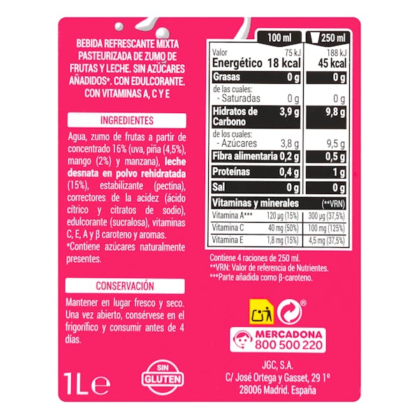 Fruta + leche tropical Hacendado sin azúcares añadidos
